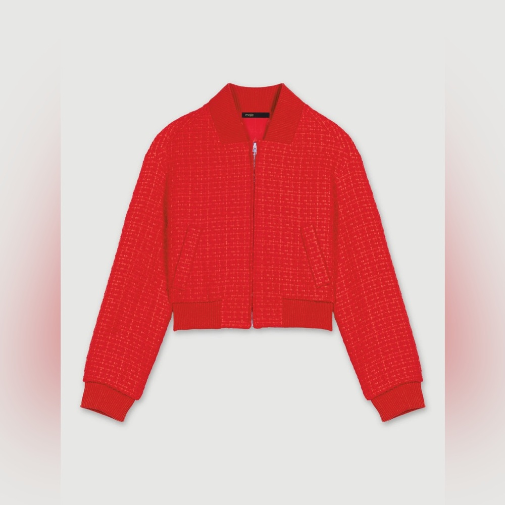 NET Maje Red Boucle Bomber Jacket, Size 36